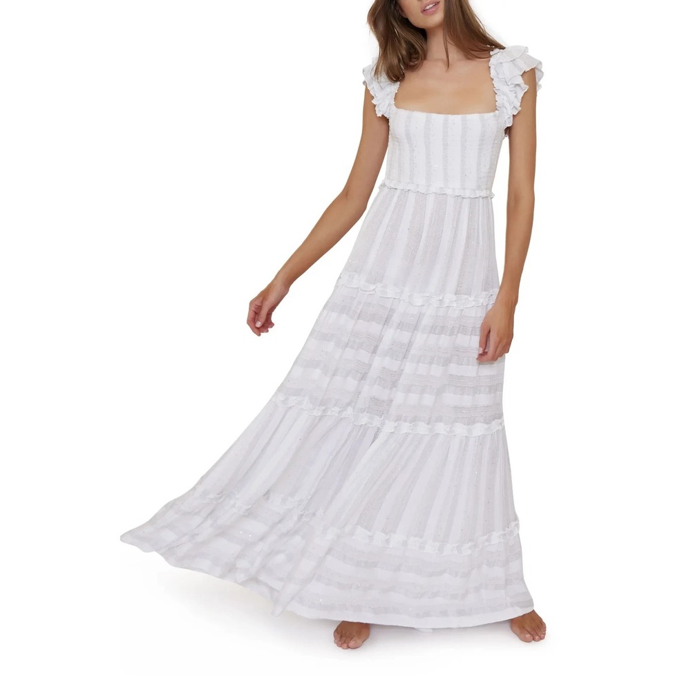 PQ‎ Swim PilyQ White Silver Lurex Stripe Sequin Tiered Maxi Cover Up Dress M/L